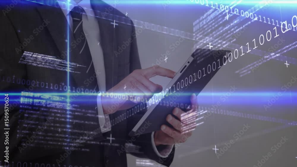 Poster businessman raising tablet tapping navigating while digital overlay intensifying to visualize flow