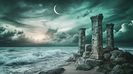 Ancient Ruins by the Sea Under a Crescent Moon