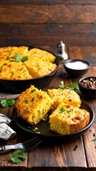 Southern cornbread dressing plate served on a rustic table with copy space for text