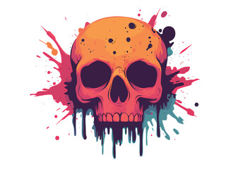 Colorful skull illustration with vibrant paint splashes for artistic design.