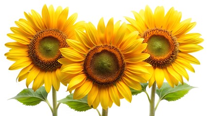 Obraz premium Three vibrant sunflowers with green leaves arranged on a pure white background. 