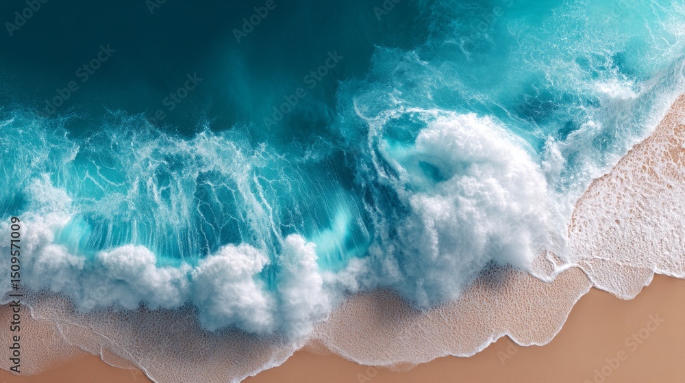 Poster bright blue ocean waves crash powerfully against the sandy beach, creating a frothy white foam as th