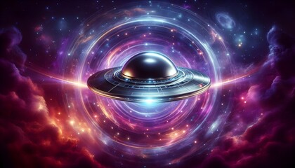 Metallic UFO close-up set against swirling starry galaxies and cosmic background in deep purple and blue hues creating futuristic space theme and wide banner with centered copy area