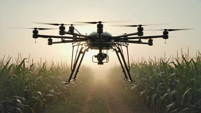 Advanced Drone Technology Used in Agriculture Flying Over Corn at Dawn