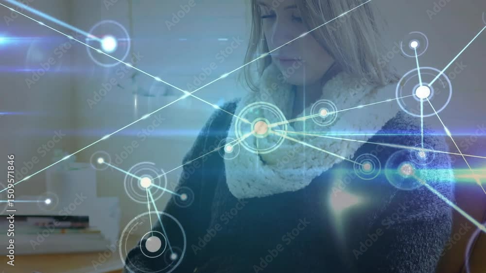 Poster adult woman tapping tablet causing tech network lines growing into node mesh visualizing data flow