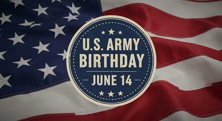 U.S. Army Birthday June 14 Celebration Badge Graphic on Waving US Flag Background