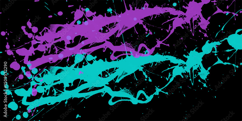 Poster abstract artistic background featuring vibrant purple and teal paint splashes against a bold black b