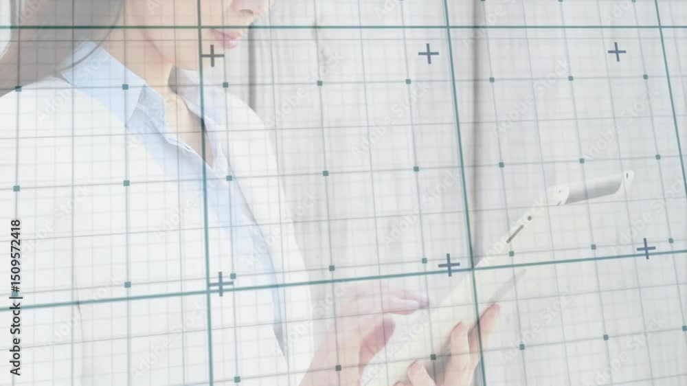 Poster hands tapping tablet screen causing ui grid overlay surrounding medical professional reviewing data