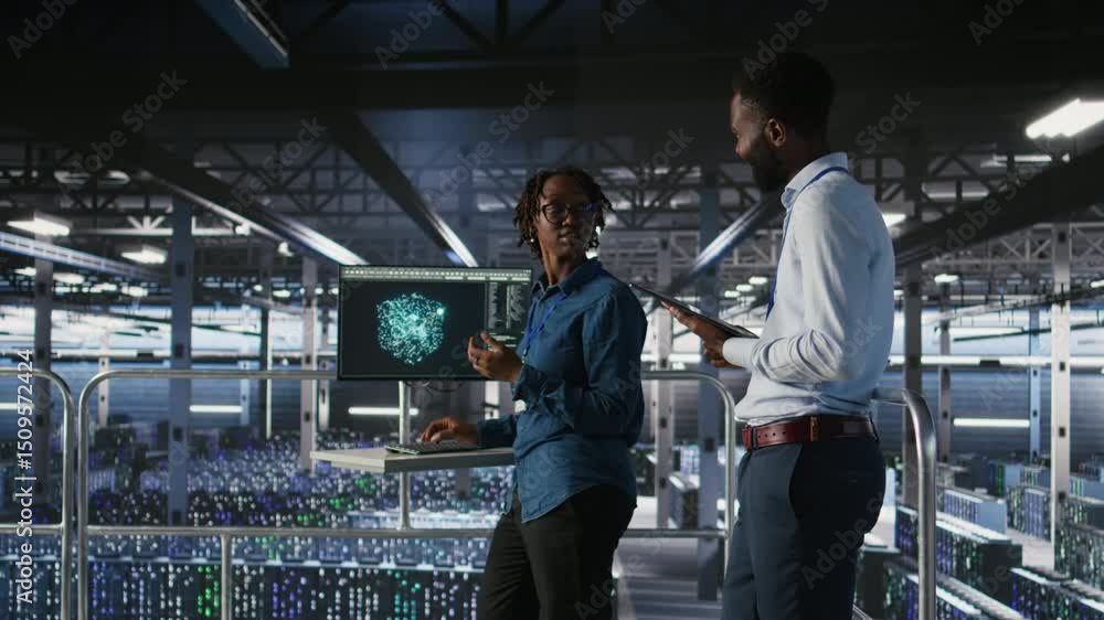 Poster engineers working together on data center industrial platform, completing software updates. server h