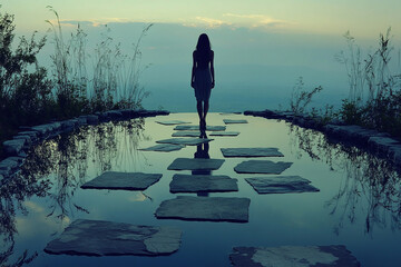 Woman walking on a path made of floating stone tiles