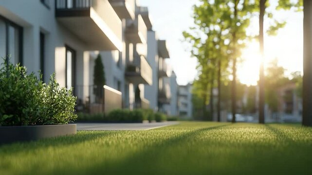 Modern apartment building exterior view with green lawn and sunlight