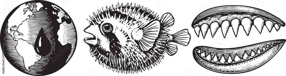 Poster stylized globe and a pufferfish with sharp teeth are presented side-by-side.