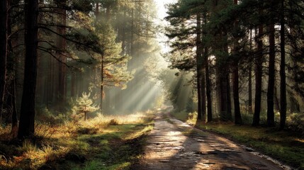 Obraz premium Sunlit Path Through a Pine Forest Serene Nature Photography