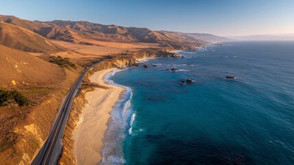 Aerial drone view of Big Sur coastal road in California at sunset with winding highway, ocean waves, rolling hills, sandy beaches, mountains and greenery under clear sky and soft warm light