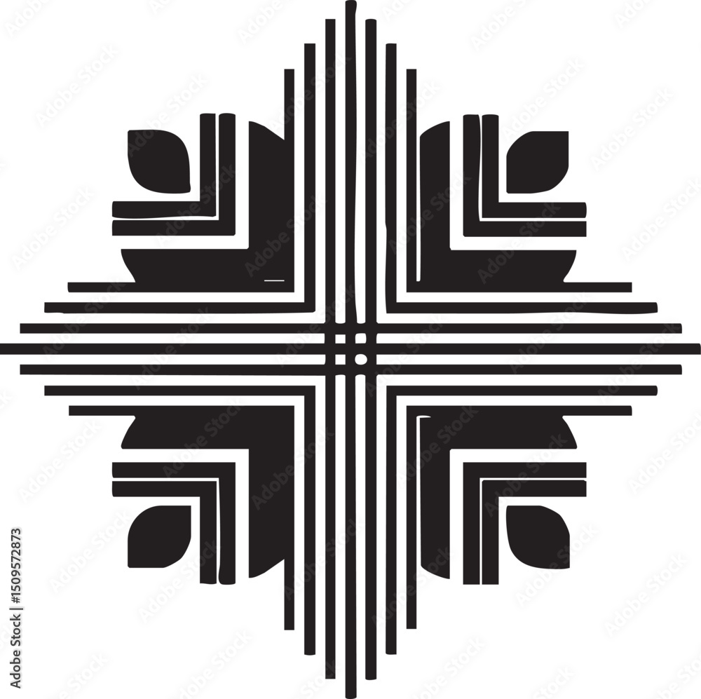 Poster stylized black and white geometric symbol with intersecting lines forms a central cross.