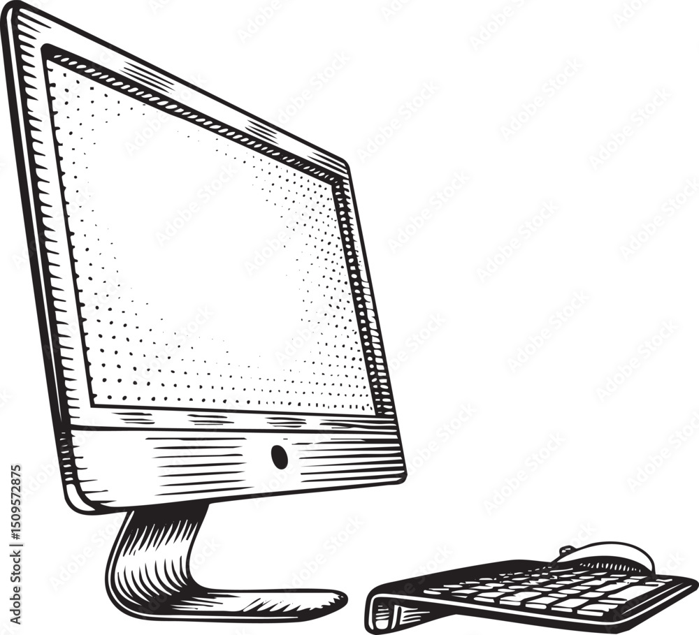 Poster black and white computer monitor sits on a desk with a keyboard.