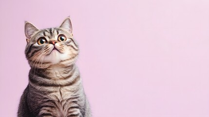 Adorable Tabby Cat Looking Up Pink Background Pet Animal Portrait