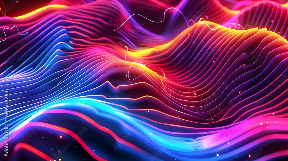 Poster abstract wavy lines with neon glowing effect creating a colorful background