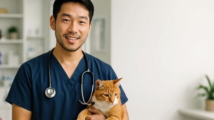 A veterinarian in blue scrubs holds a cat, smiling at the camera. The video uses a medium shot, creating a warm, professional atmosphere. - Powered by Adobe
