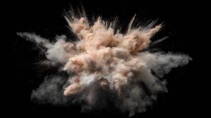 Abstract Beige and Gray Powder Explosion Cloud, Dust Blast, Isolated on Black Background