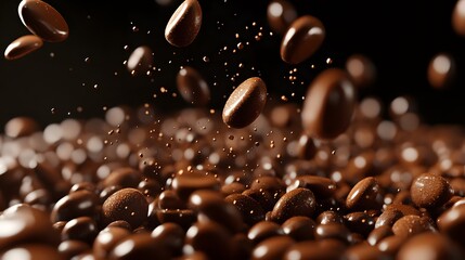 Roasted Coffee Beans Falling Dark Brown Background