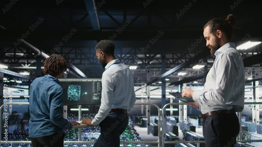 Poster data center computer scientists using devices to review ai llm visualizations. server hub engineerin