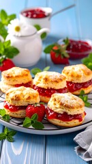 Delicious plate of strawberry shortcakes with fresh berries and creamy whipped topping