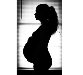 Elegant silhouette of pregnant woman, black and white maternity portrait, beautiful pregnancy profile, expectant mother moment, serene maternity photography, intimate motherhood celebration.