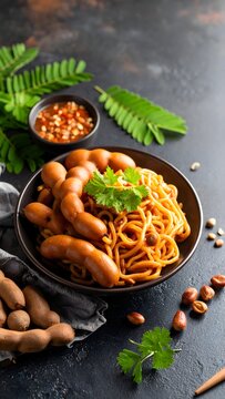 Bowl of spicy udd noodles garnished with fresh cashews for a flavorful asian delight dish