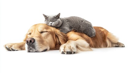 Obraz premium Golden retriever dog and gray cat sleeping together.