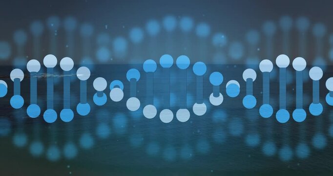 Cluster of glowing circles emerging from right edge building DNA helix showing DNA over ocean dusk