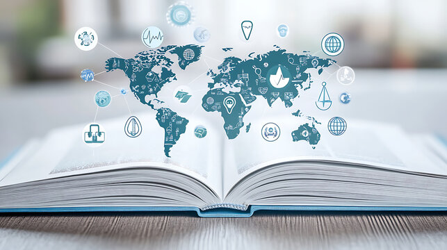 Open Book with World Map and Digital Icons Floating Above - Powered by Adobe