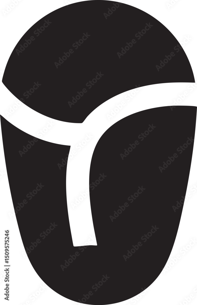 Poster stylized monochrome circular emblem features a curved intersecting a rounded shape.