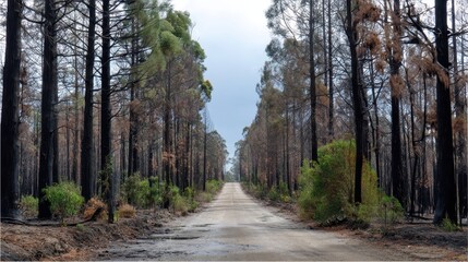 Obraz premium Road Through a Fire-Scorched Pine Forest Regeneration and Resilience