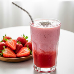 Fresh strawberry smoothie served in a clear glass with chia seeds topping, beside a bowl of halved ripe strawberries.

