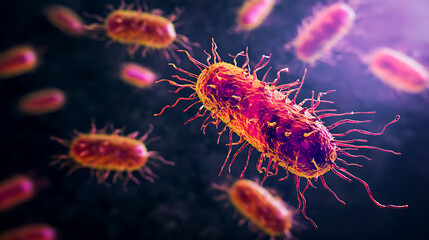 Microscopic View of Bacteria with Flagella in a Dark Environment