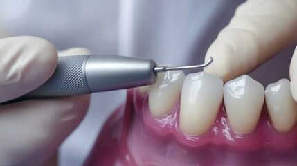 Dentist using an ultrasonic scaler to remove plaque and tartar from a tooth highlighting the effectiveness of this technology