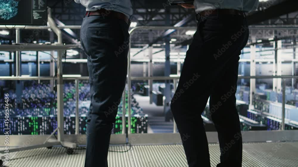 Poster data center team leader and worker reviewing performance dashboards of ai equipment rigs. server roo