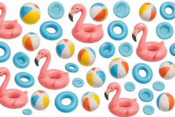 Vibrant pink flamingos, colorful beach balls forming seamless pattern against transparent backdrop, radiating summer playfulness