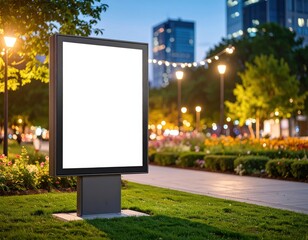Fototapeta premium Blank Billboard in City Park at Dusk with Lights and Modern Building