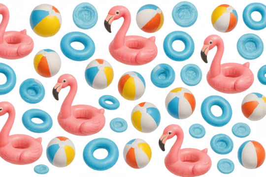 Vibrant pink flamingos, colorful beach balls forming seamless pattern against transparent backdrop, radiating summer playfulness