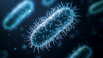 Microscopic View of Bacteria with Flagella in a Dark Environment