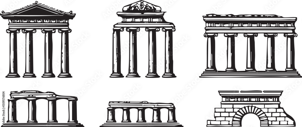 Poster Six distinct classical columns stand in a row showcasing architectural .