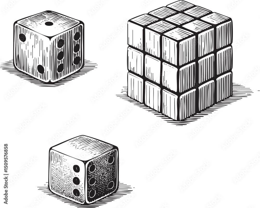 Poster three dice and a cube are displayed on a white background.