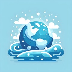 Obraz premium Planet Earth gently resting on blue ocean waves illustrated in flat style with environmental crisis symbolism and open copy space for eco-awareness web banner