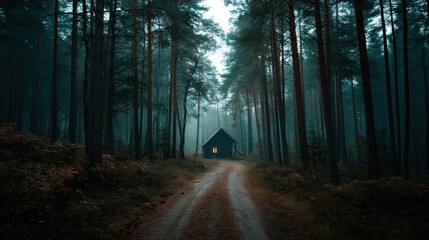 Fototapeta premium Mysterious Cabin Hidden Deep Within a Misty Pine Forest