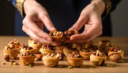 Hands Holding Assorted Nut Pastries On Wooden Table