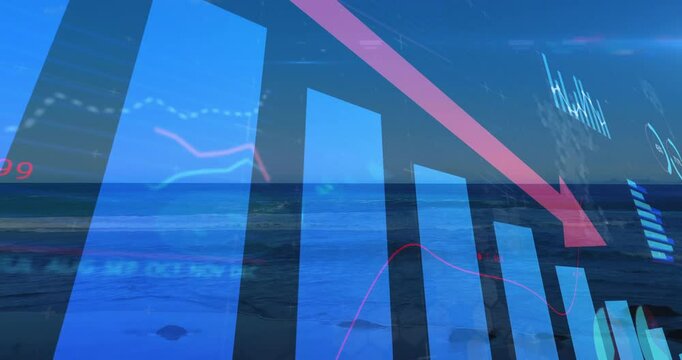 Fade in bar chart showing line graph sweeping and arrow shifting downward illustrating data decline