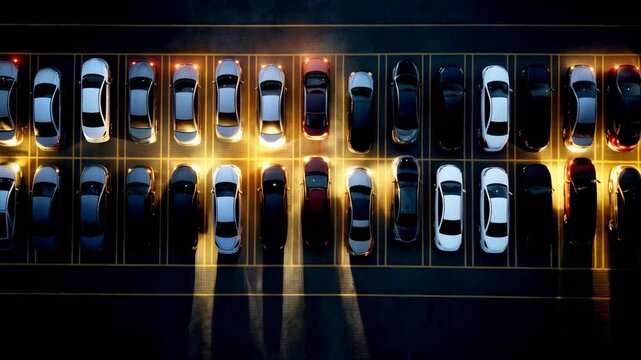 Aerial view depicts a parking lot filled with cars at night illuminated by headlights and taillights casting glowing beams.