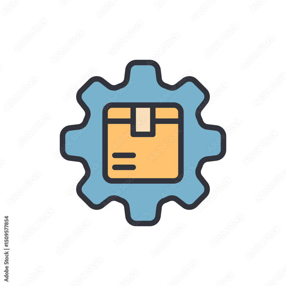 Poster delivery process automation with box on gear icon isolated design